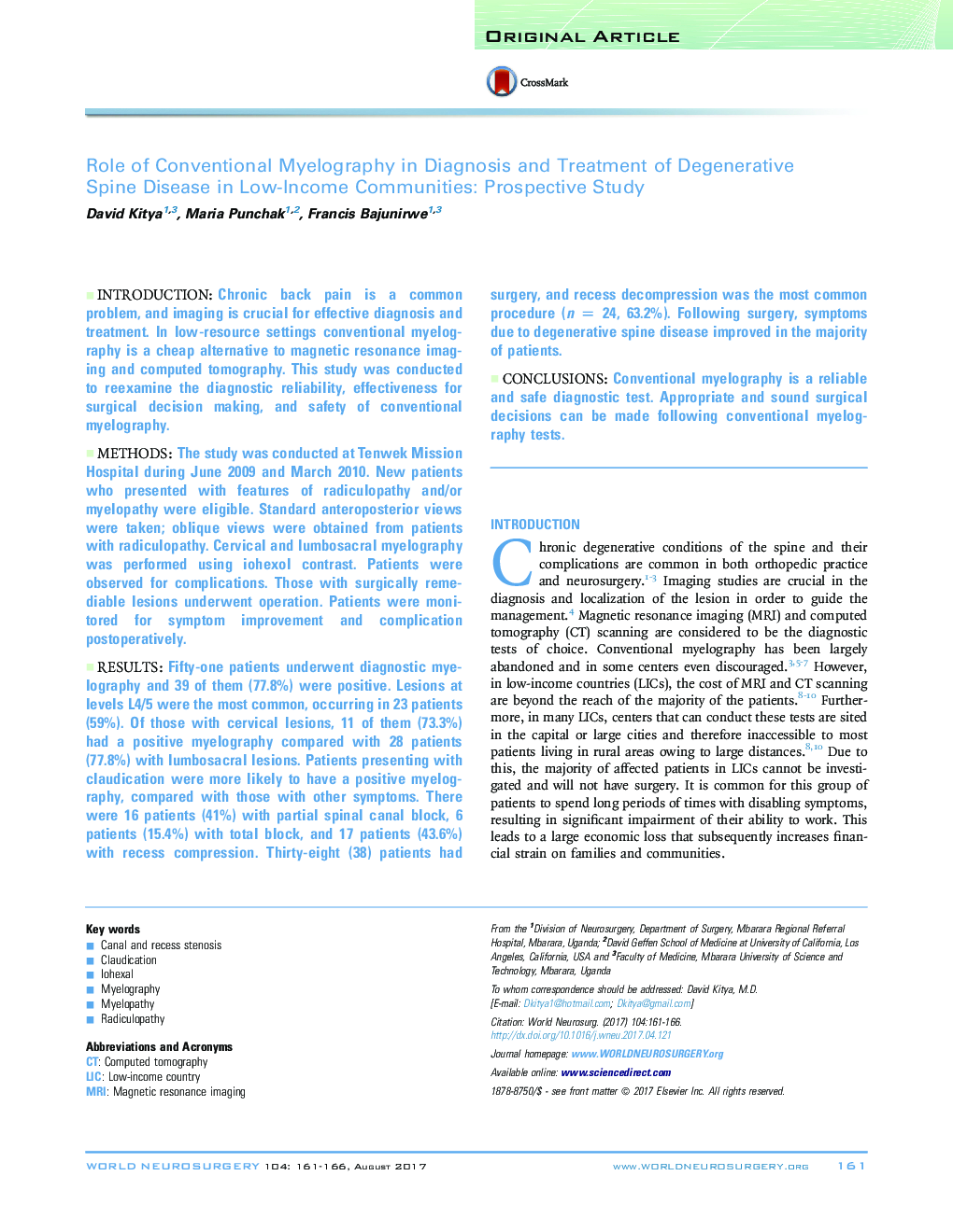 Role of Conventional Myelography in Diagnosis and Treatment of Degenerative Spine Disease in Low-Income Communities: Prospective Study