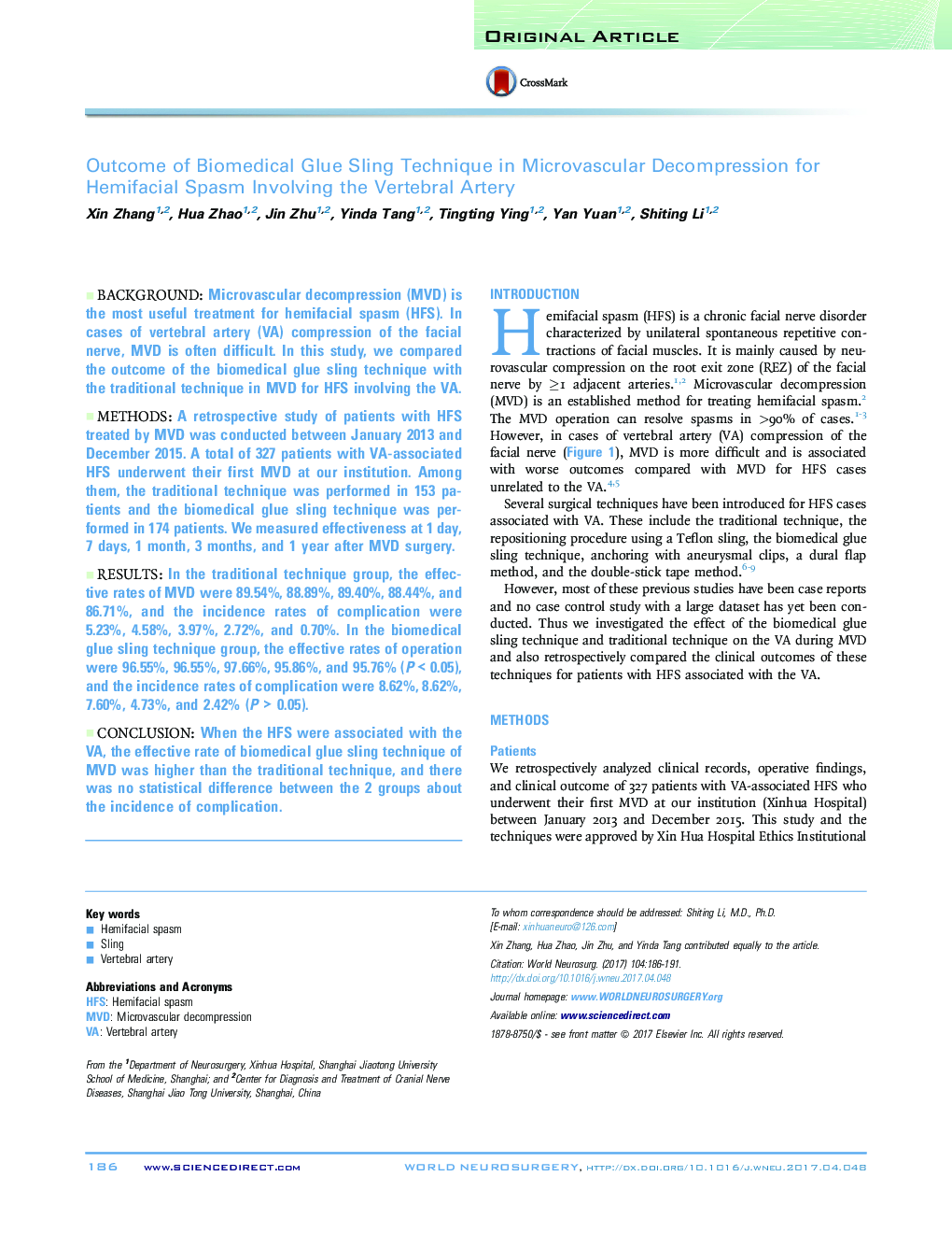 Outcome of Biomedical Glue Sling Technique in Microvascular Decompression for Hemifacial Spasm Involving the Vertebral Artery