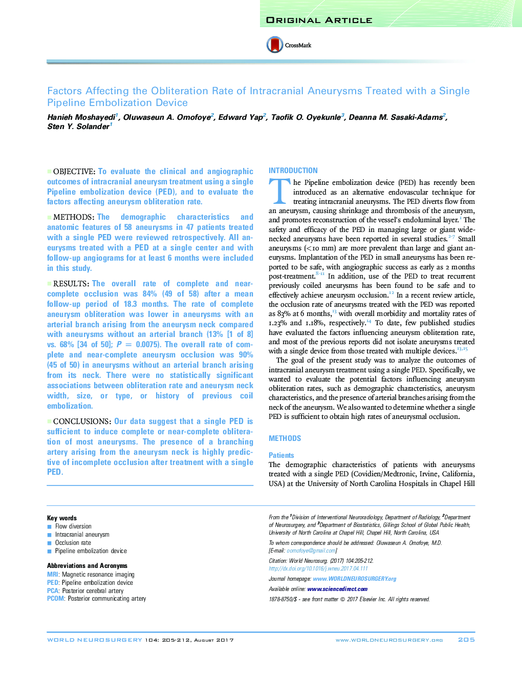 Factors Affecting the Obliteration Rate of Intracranial Aneurysms Treated with a Single Pipeline Embolization Device