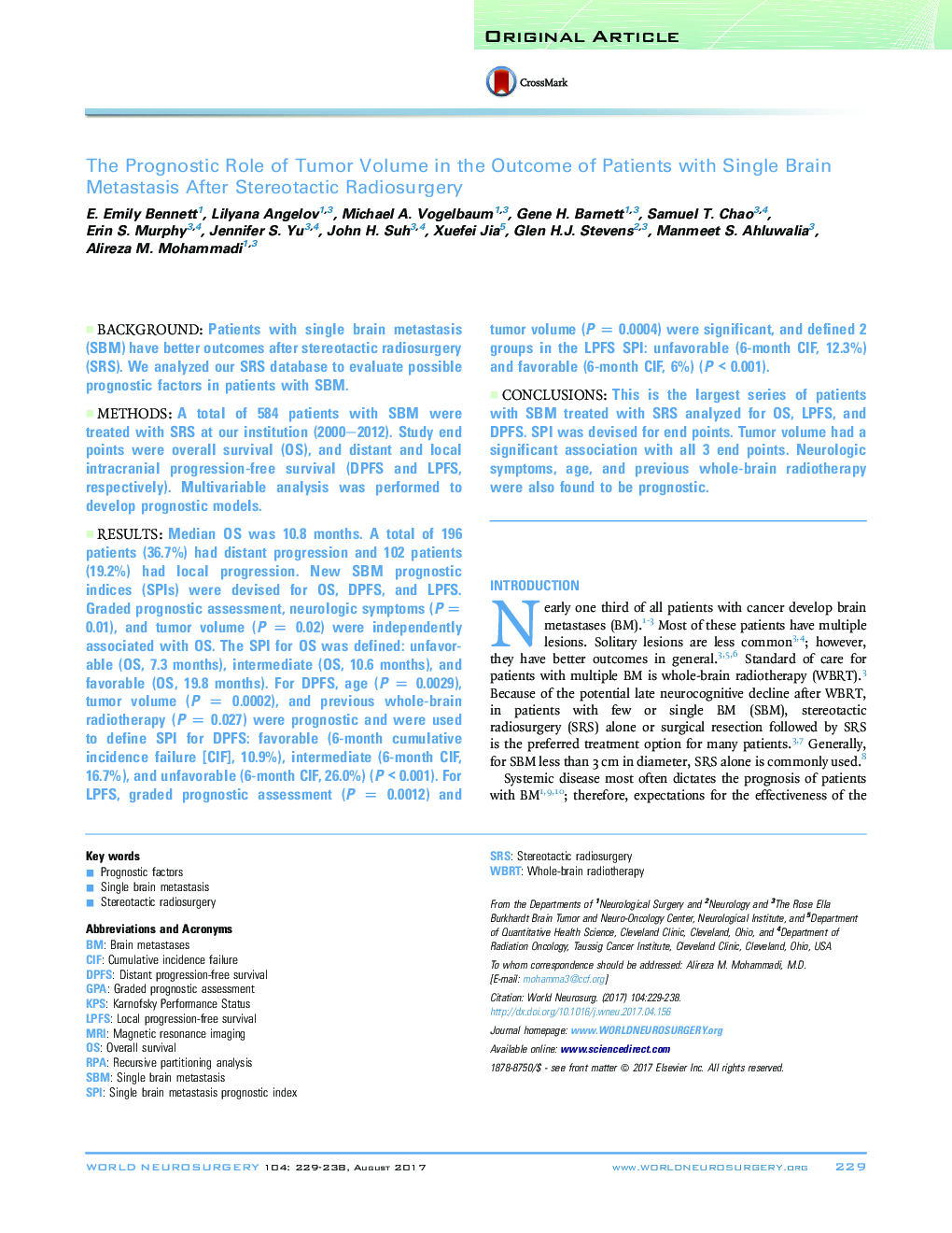 The Prognostic Role of Tumor Volume in the Outcome of Patients with Single Brain Metastasis After Stereotactic Radiosurgery