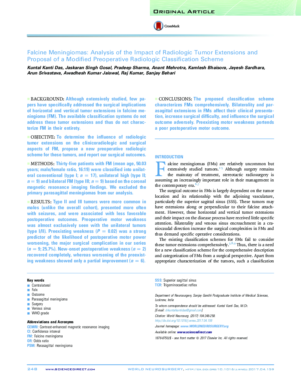 Falcine Meningiomas: Analysis of the Impact of Radiologic Tumor Extensions and Proposal of a Modified Preoperative Radiologic Classification Scheme