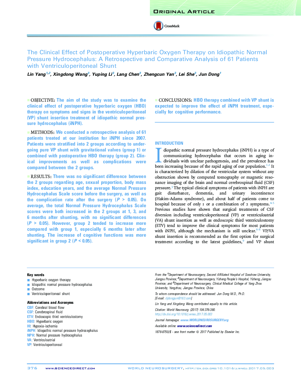 The Clinical Effect of Postoperative Hyperbaric Oxygen Therapy on Idiopathic Normal Pressure Hydrocephalus: A Retrospective and Comparative Analysis of 61 Patients with Ventriculoperitoneal Shunt