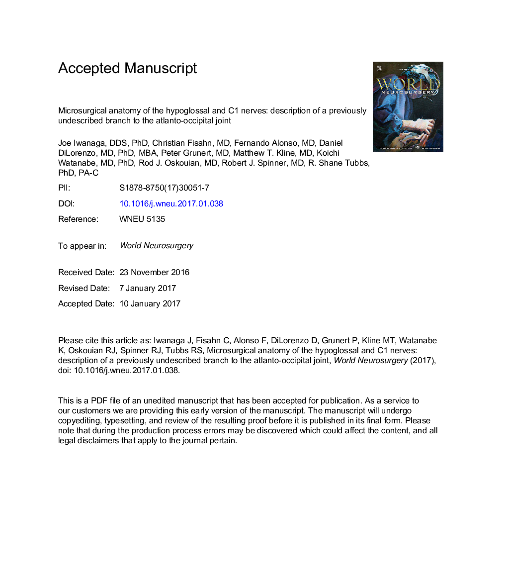 Microsurgical Anatomy of the Hypoglossal and C1 Nerves: Description of a Previously Undescribed Branch to the Atlanto-Occipital Joint