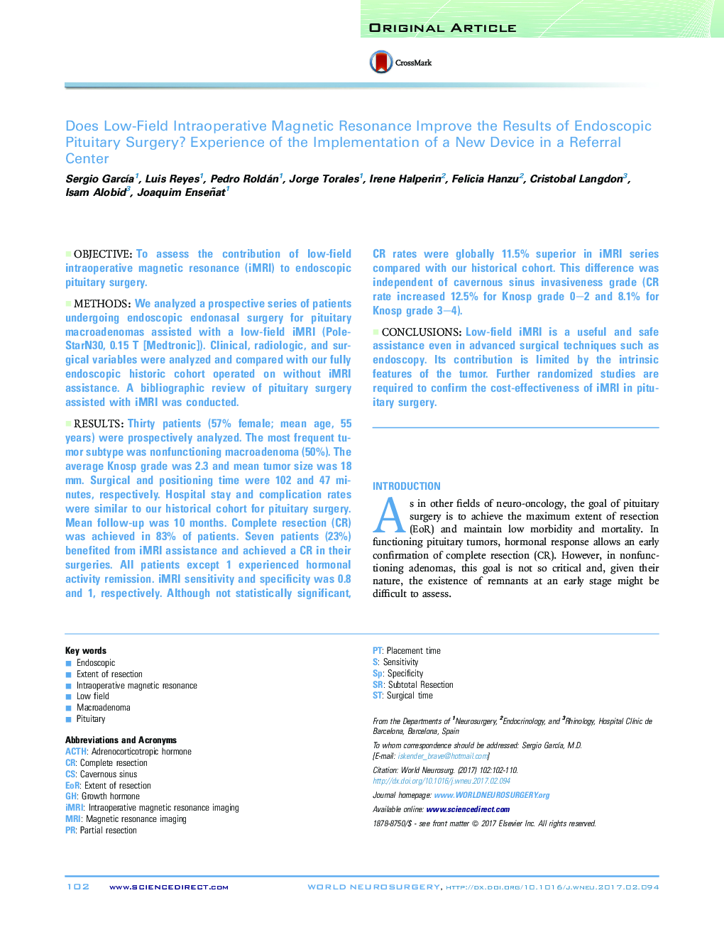 Does Low-Field Intraoperative Magnetic Resonance Improve the Results of Endoscopic Pituitary Surgery? Experience of the Implementation of a New Device in a Referral Center