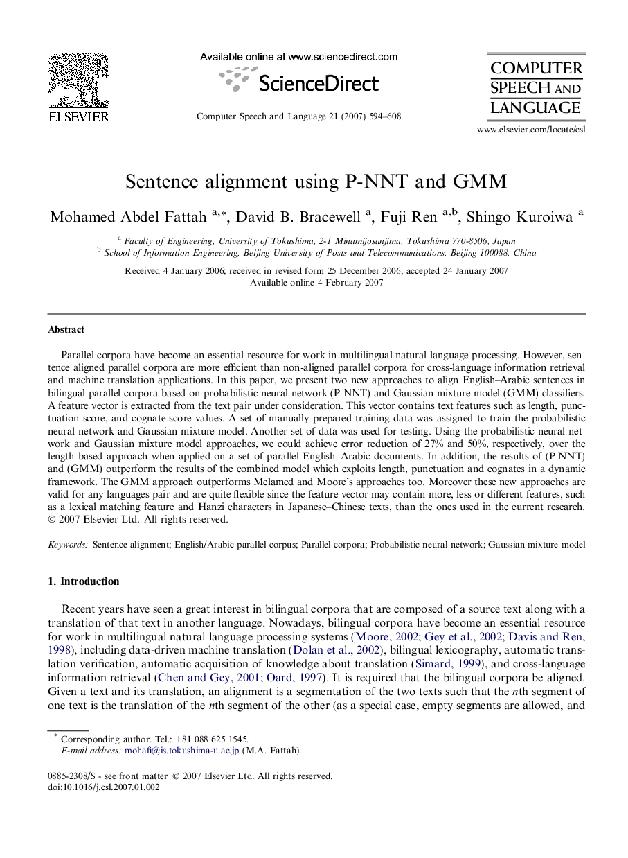 Sentence alignment using P-NNT and GMM