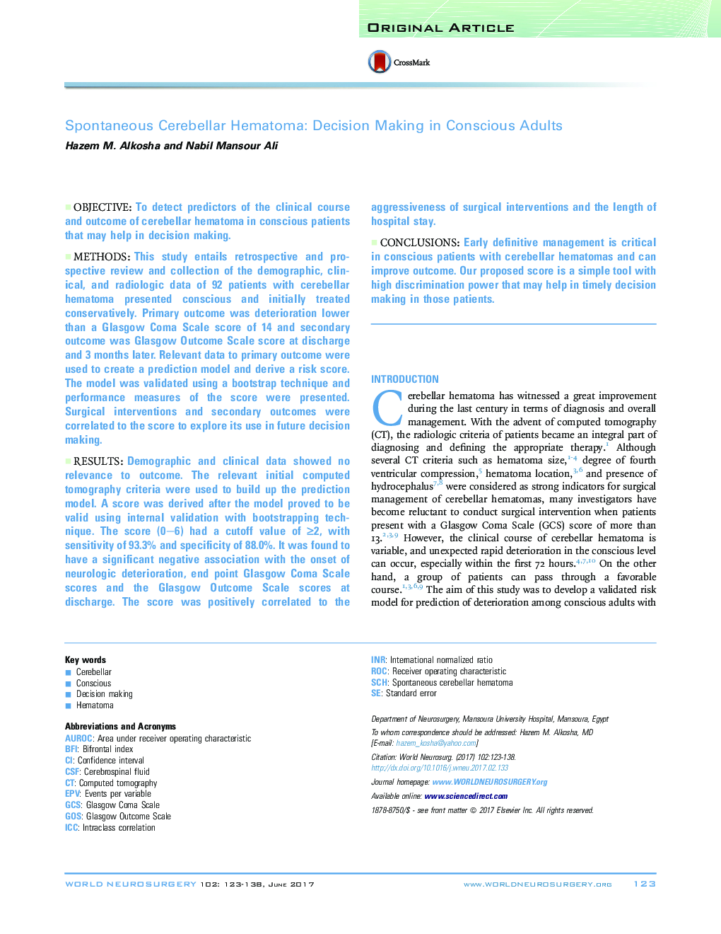 Spontaneous Cerebellar Hematoma: Decision Making in Conscious Adults