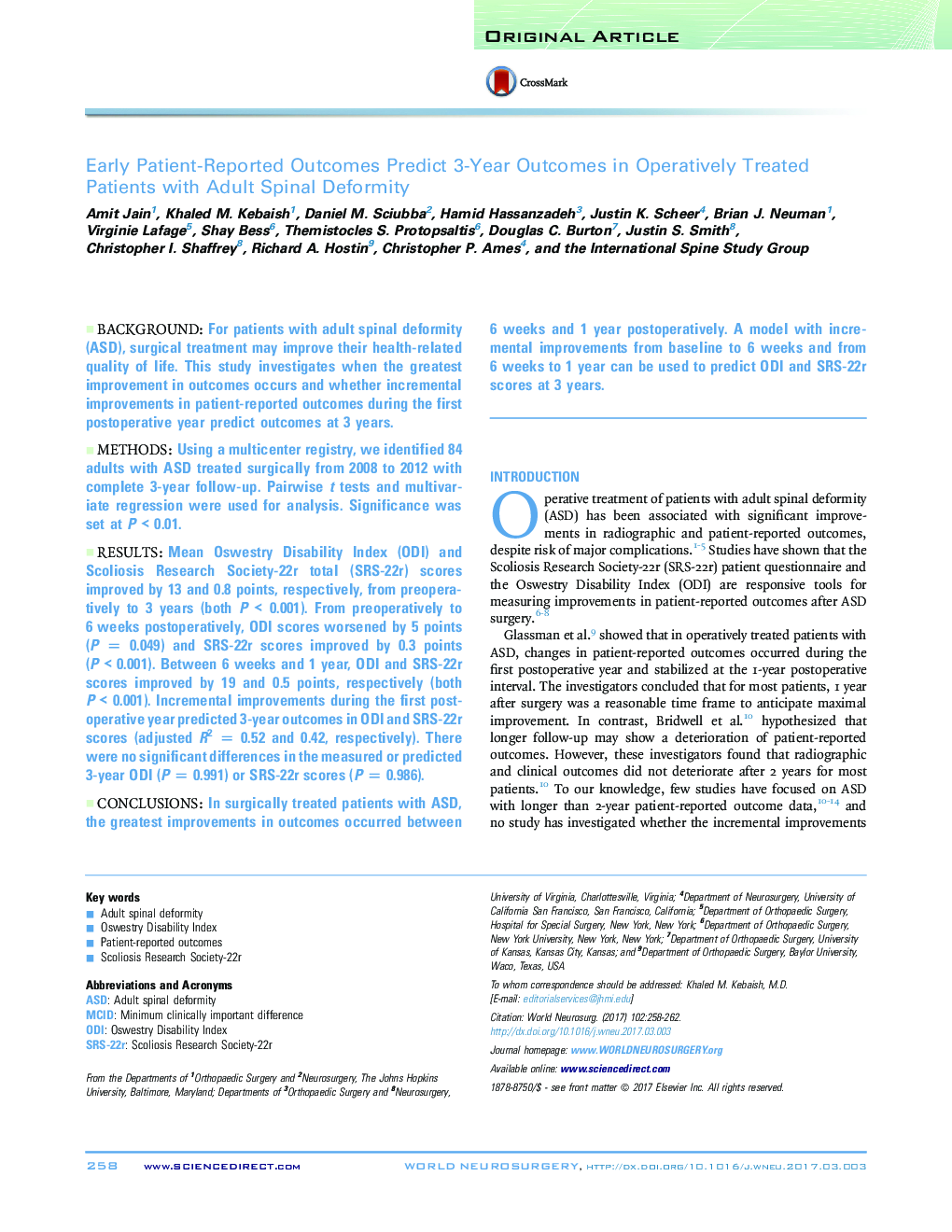 Early Patient-Reported Outcomes Predict 3-Year Outcomes in Operatively Treated Patients with Adult Spinal Deformity