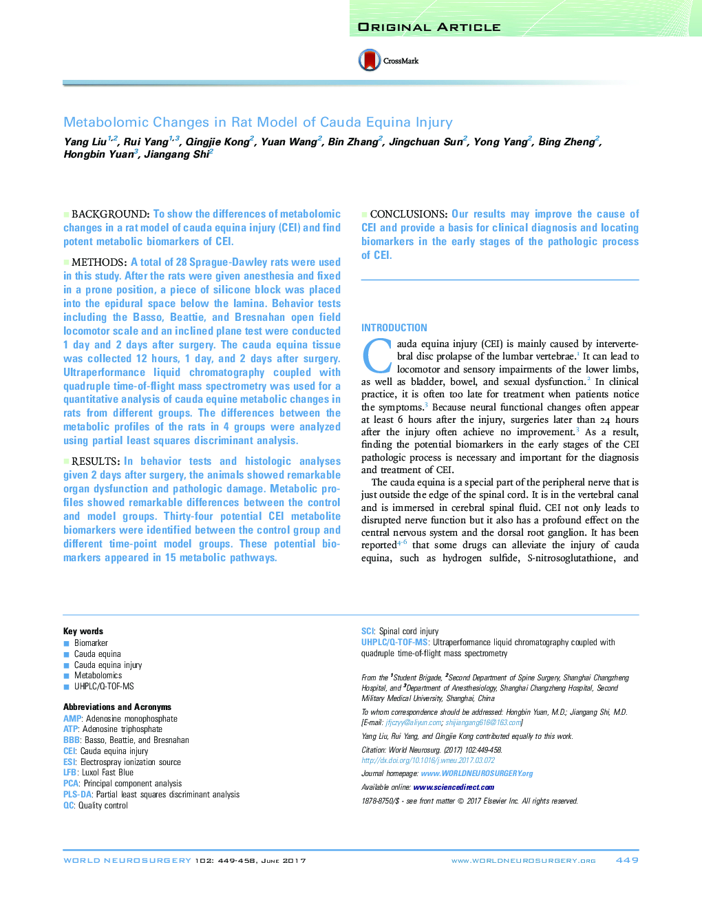 Metabolomic Changes in Rat Model of Cauda Equina Injury