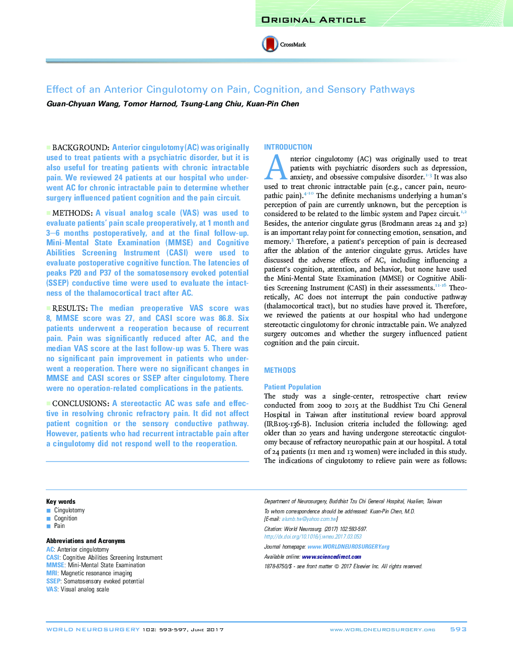 Effect of an Anterior Cingulotomy on Pain, Cognition, and Sensory Pathways