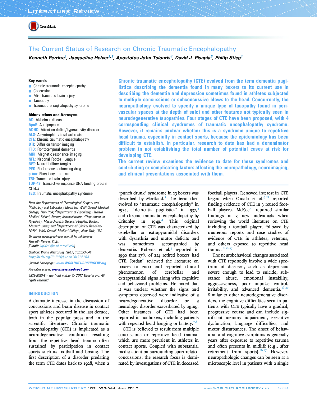 The Current Status of Research on Chronic Traumatic Encephalopathy