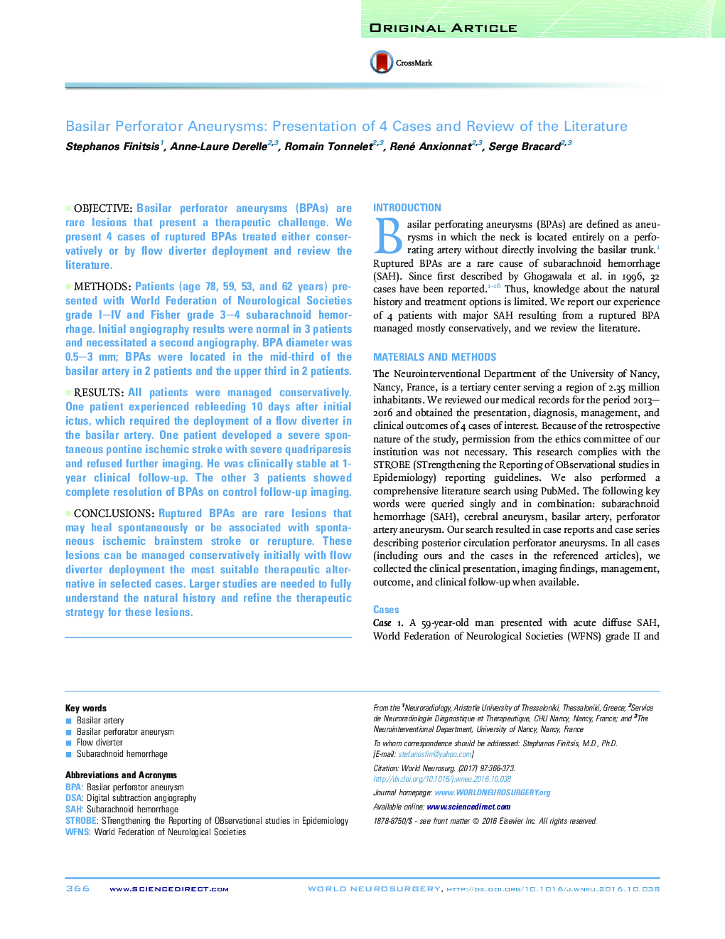 Basilar Perforator Aneurysms: Presentation of 4 Cases and Review of the Literature