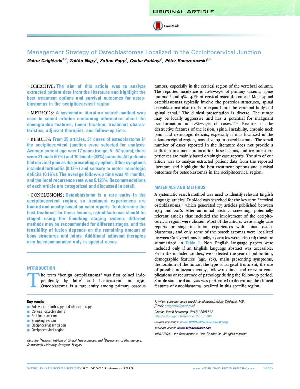 Management Strategy of Osteoblastomas Localized in the Occipitocervical Junction