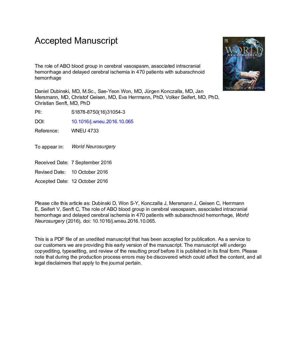 The Role of ABO Blood Group in Cerebral Vasospasm, Associated Intracranial Hemorrhage, and Delayed Cerebral Ischemia in 470 Patients with Subarachnoid Hemorrhage