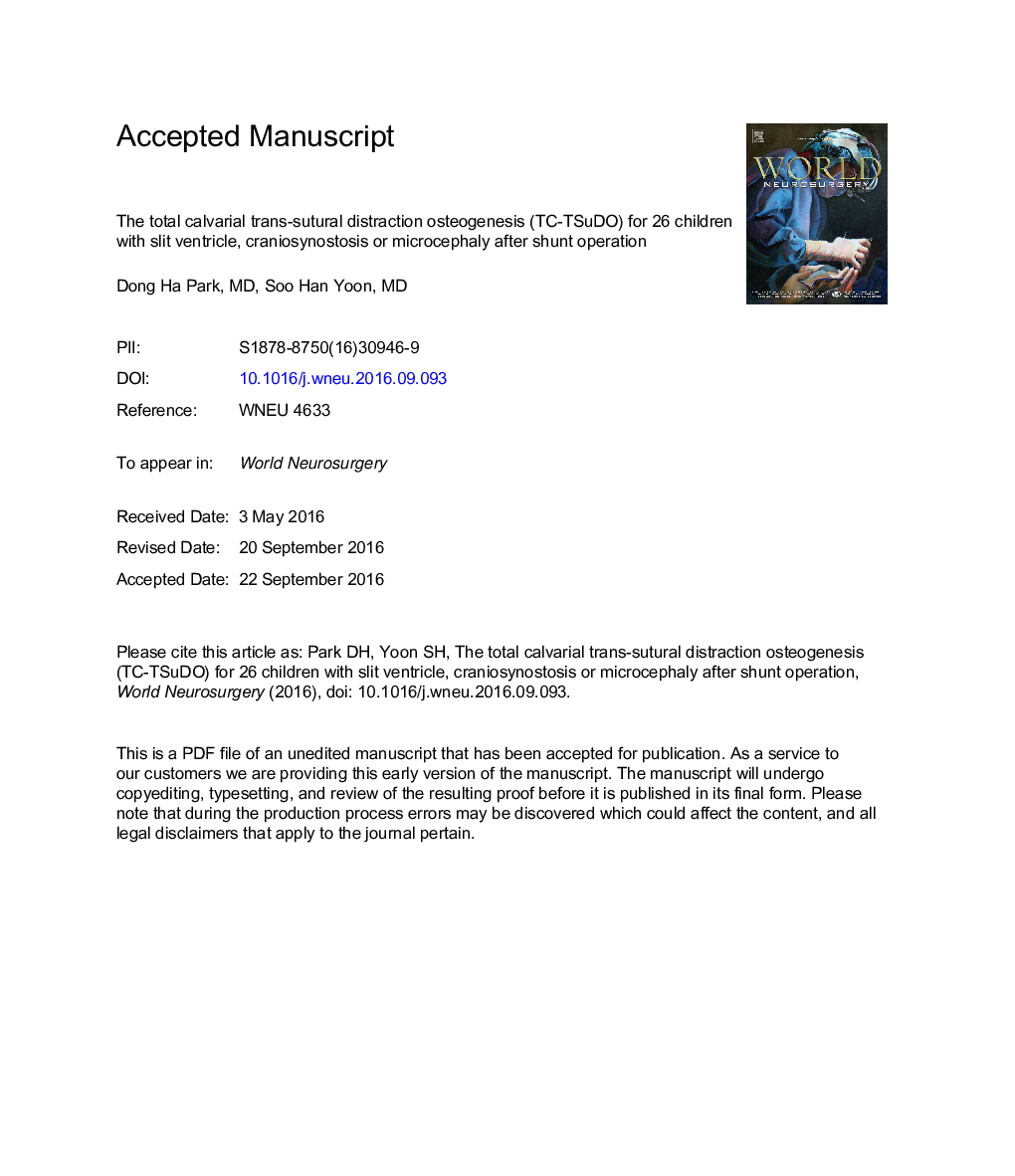 The Total Calvarial Transsutural Distraction Osteogenesis for 26 Children with Slit Ventricle, Craniosynostosis, or Microcephaly After Shunt Operation