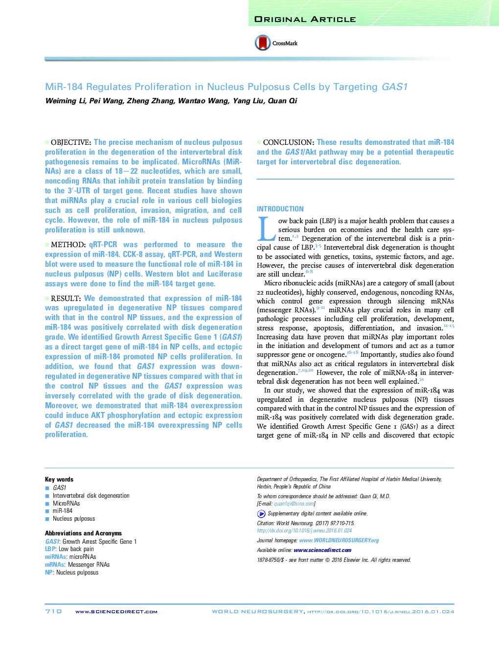 MiR-184 Regulates Proliferation in Nucleus Pulposus Cells by Targeting GAS1