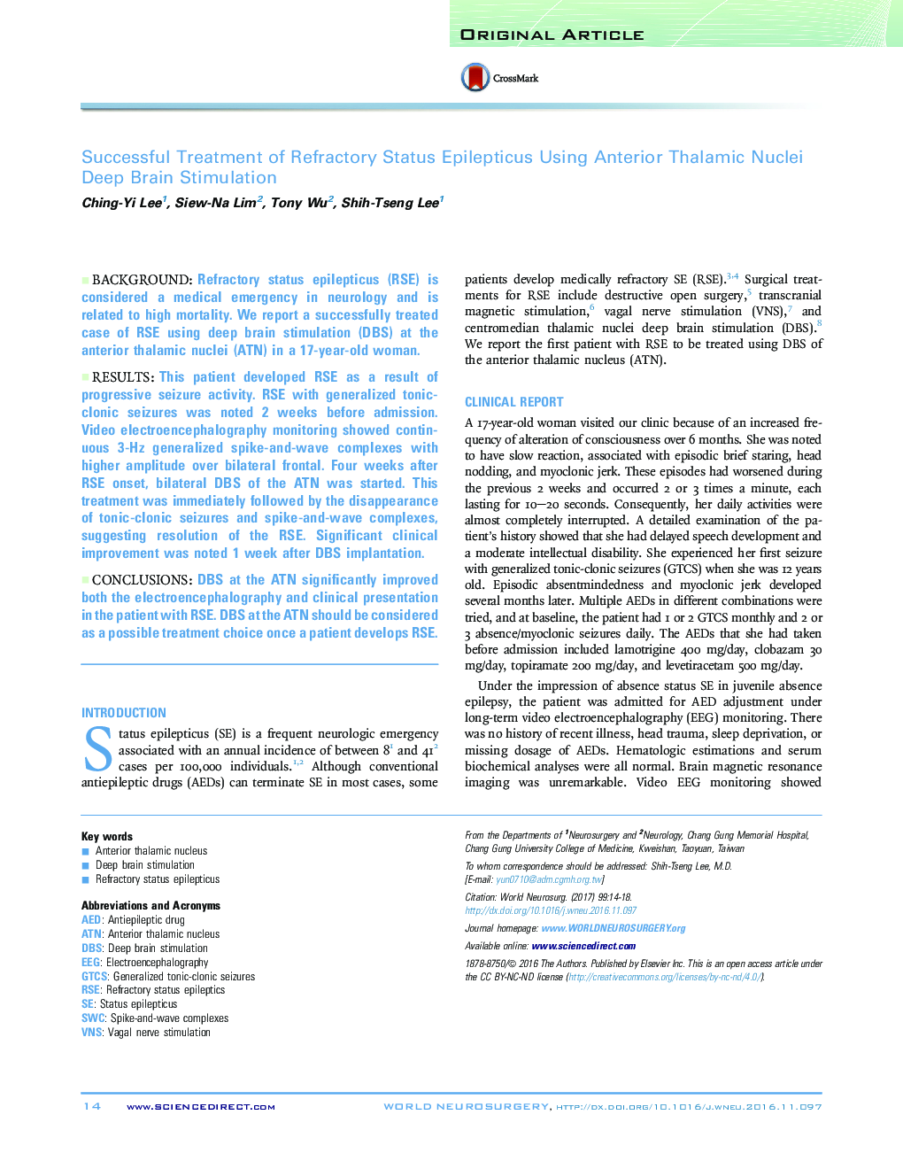 Successful Treatment of Refractory Status Epilepticus Using Anterior Thalamic Nuclei Deep Brain Stimulation