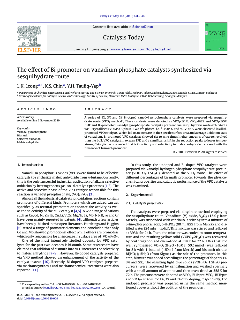 The effect of Bi promoter on vanadium phosphate catalysts synthesized via sesquihydrate route