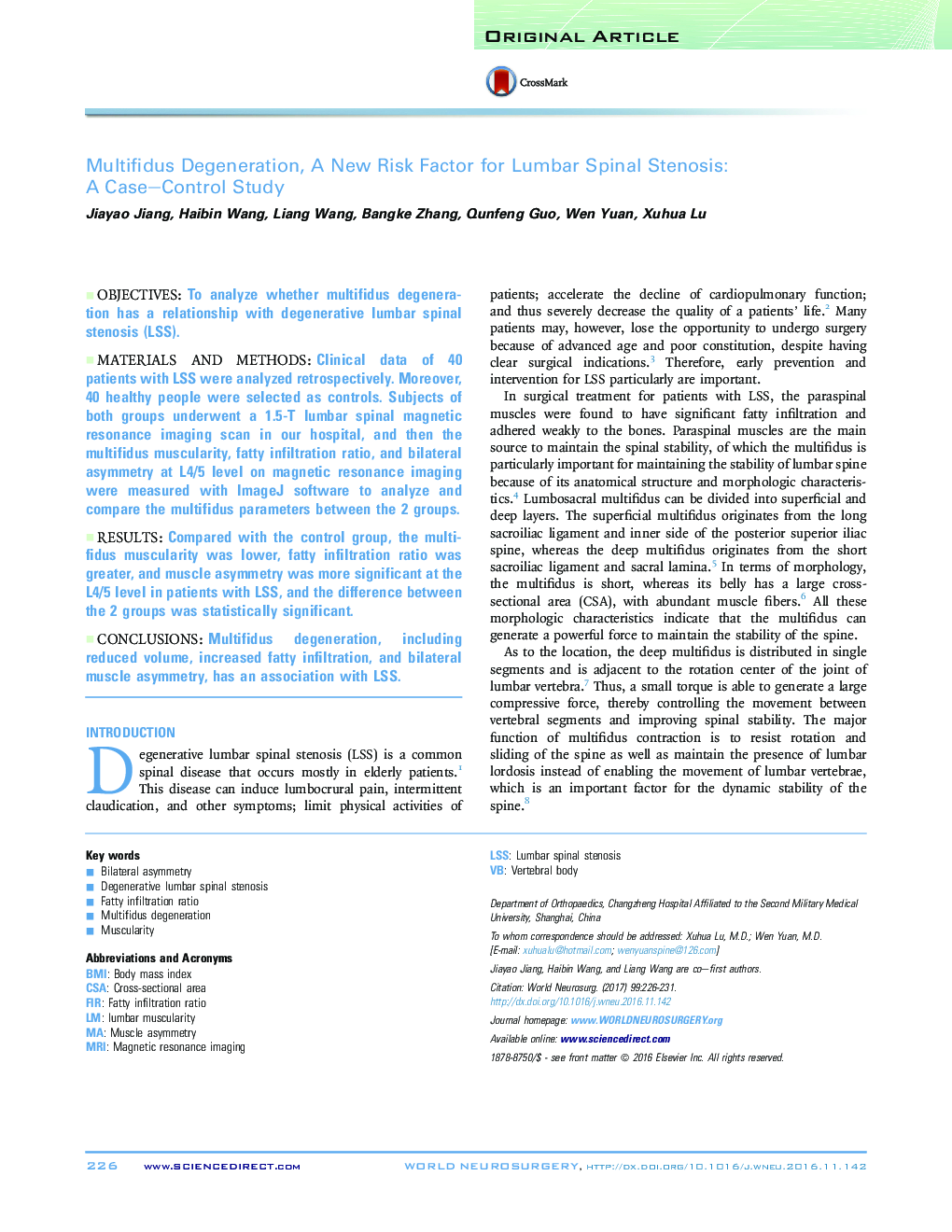 Multifidus Degeneration, A New Risk Factor for Lumbar Spinal Stenosis: A Case-Control Study