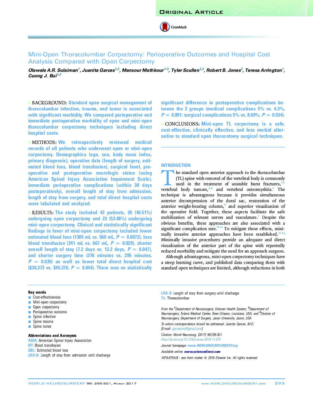 Mini-Open Thoracolumbar Corpectomy: Perioperative Outcomes and Hospital Cost Analysis Compared with Open Corpectomy