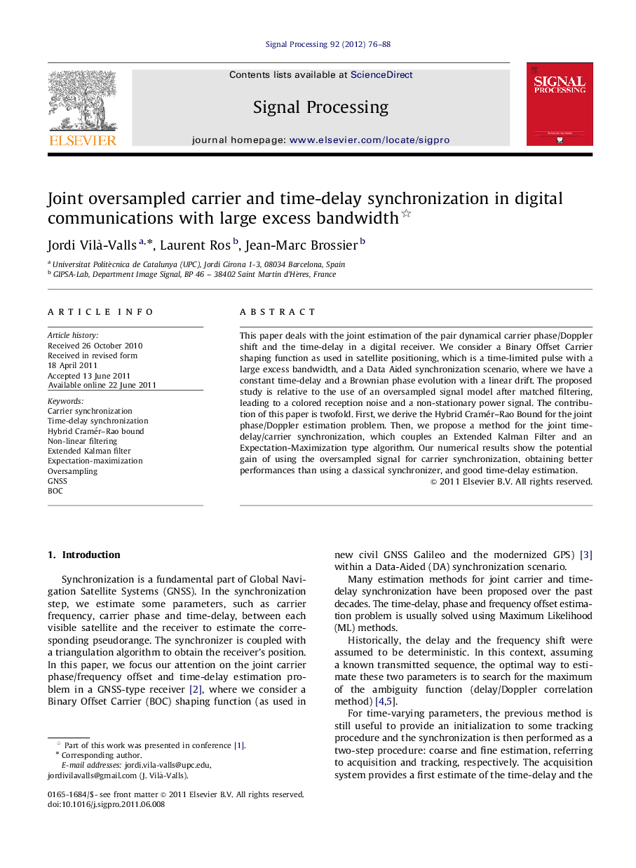 Joint oversampled carrier and time-delay synchronization in digital communications with large excess bandwidth 