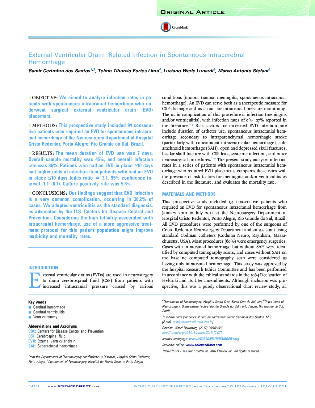 External Ventricular Drain-Related Infection in Spontaneous Intracerebral Hemorrhage