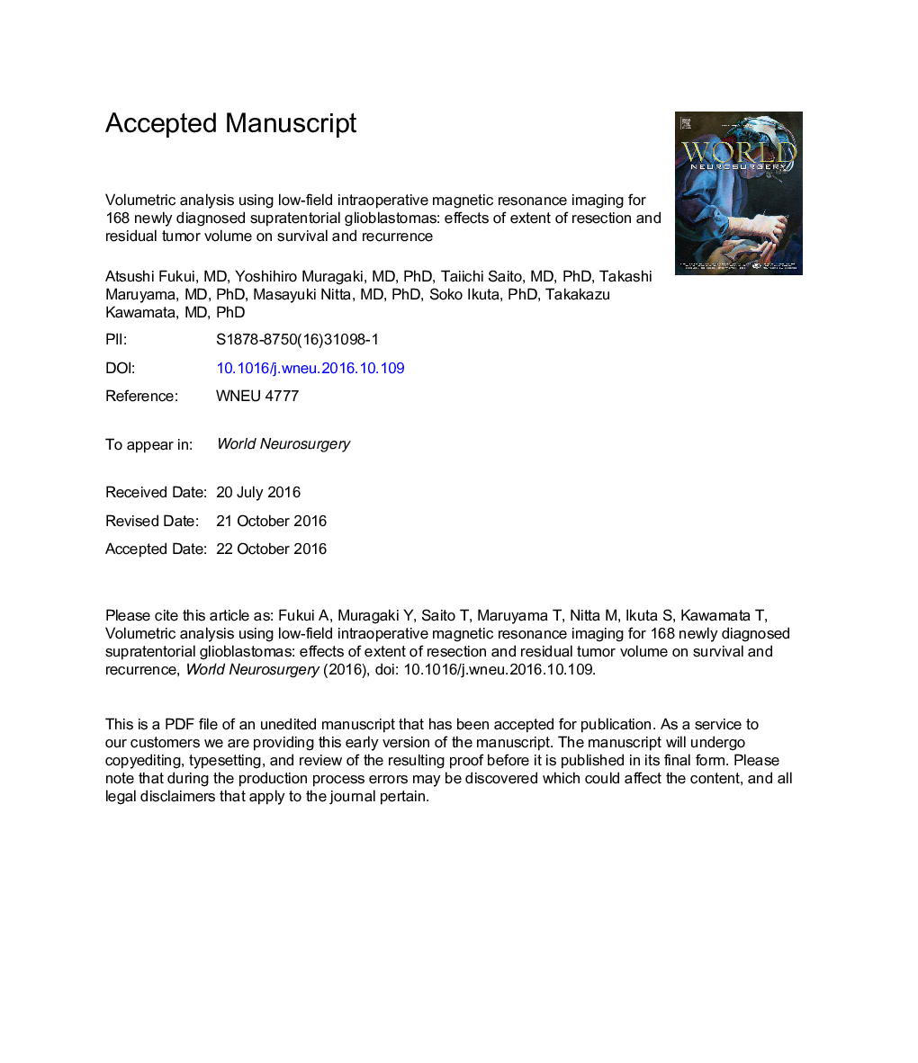 Volumetric Analysis Using Low-Field Intraoperative Magnetic Resonance Imaging for 168 Newly Diagnosed Supratentorial Glioblastomas: Effects of Extent of Resection and Residual Tumor Volume on Survival and Recurrence