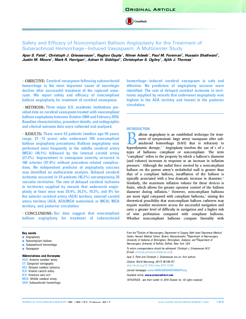 Safety and Efficacy of Noncompliant Balloon Angioplasty for the Treatment of Subarachnoid Hemorrhage-Induced Vasospasm: A Multicenter Study