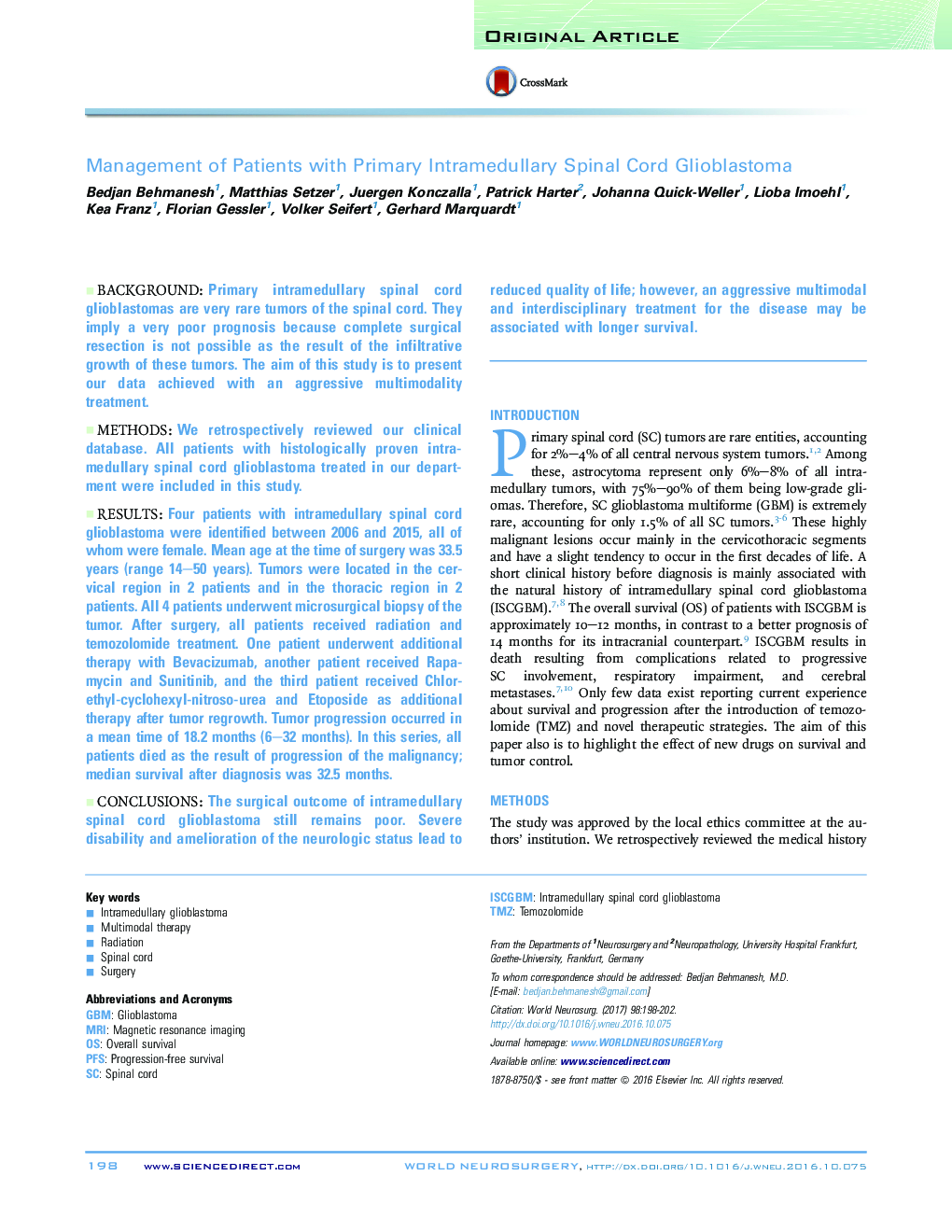 Management of Patients with Primary Intramedullary Spinal Cord Glioblastoma