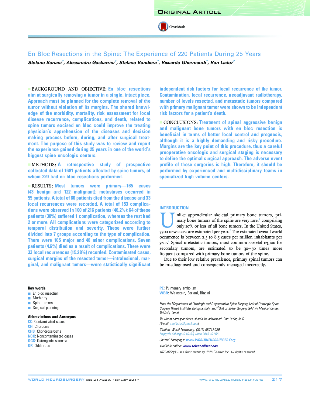 En Bloc Resections in the Spine: The Experience of 220 Patients During 25 Years