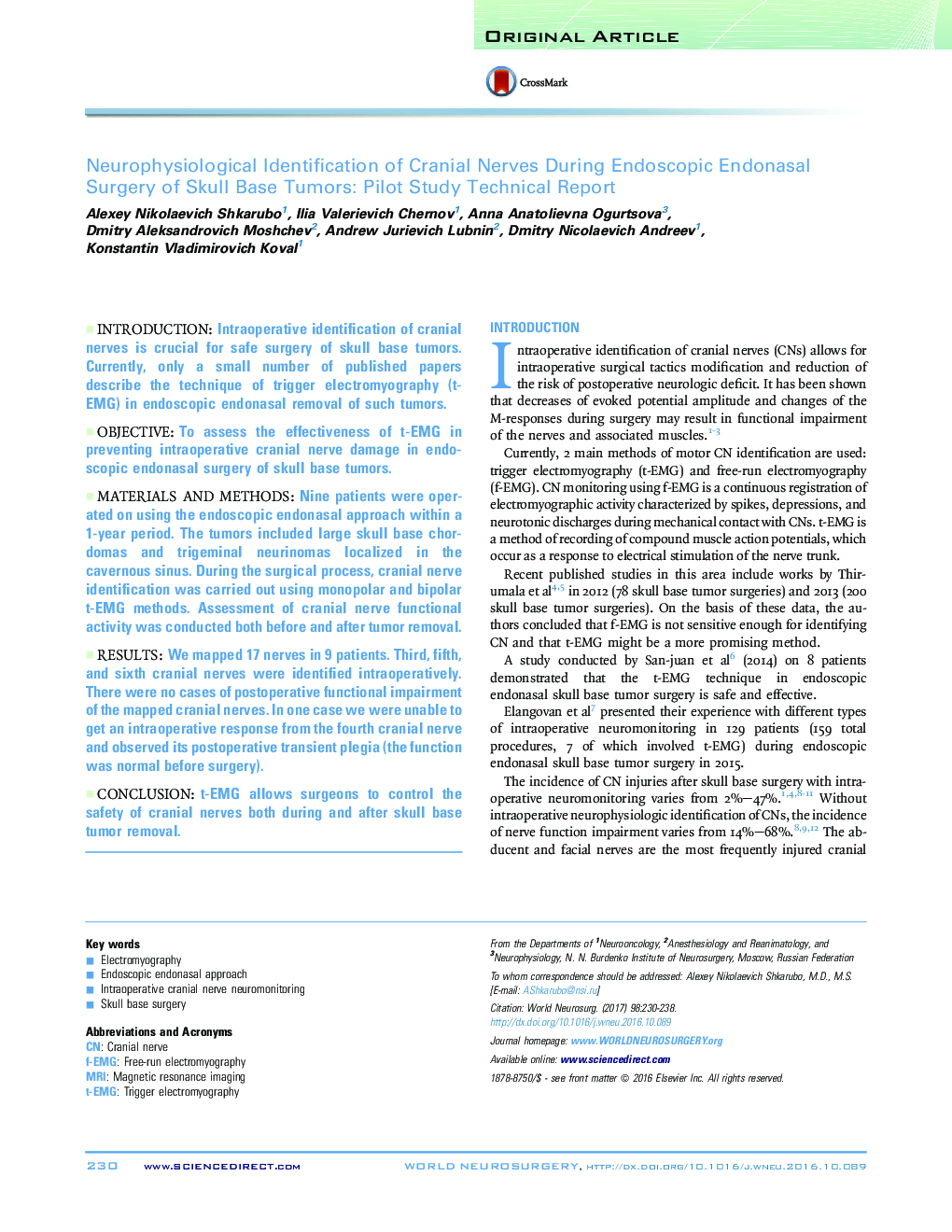 Neurophysiological Identification of Cranial Nerves During Endoscopic Endonasal Surgery of Skull Base Tumors: Pilot Study Technical Report