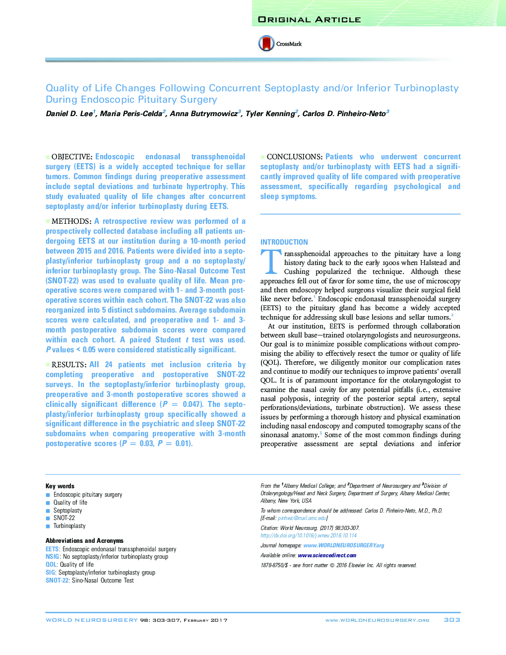 Quality of Life Changes Following Concurrent Septoplasty and/or Inferior Turbinoplasty During Endoscopic Pituitary Surgery