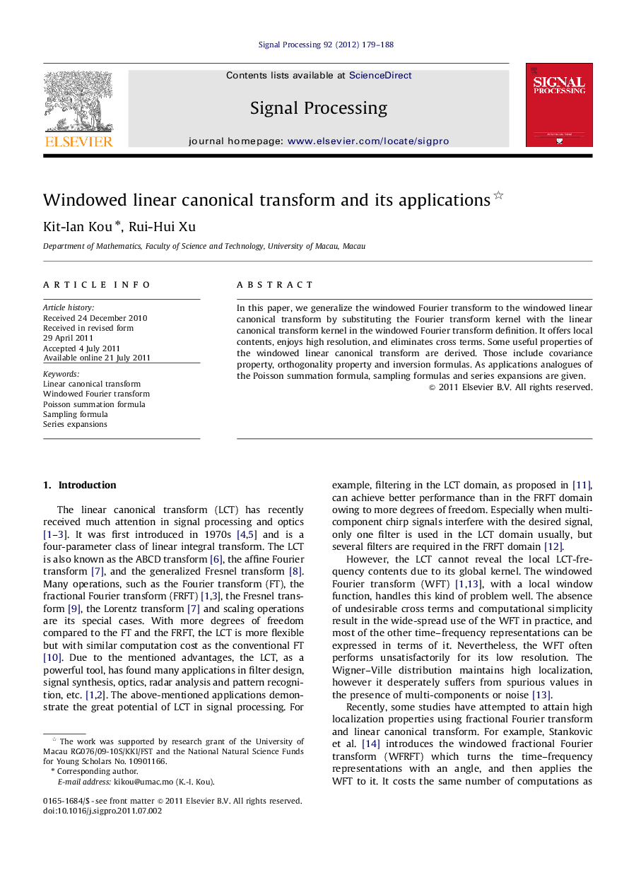 Windowed linear canonical transform and its applications 