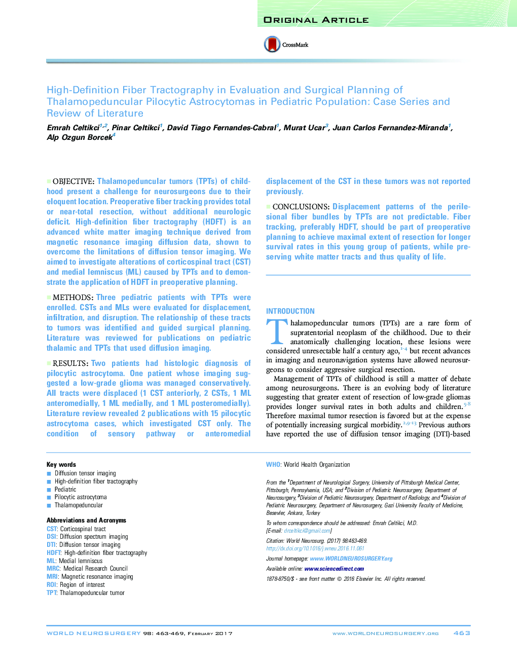 عکس صفحه اول مقاله: High-Definition Fiber Tractography in Evaluation and Surgical Planning of Thalamopeduncular Pilocytic Astrocytomas in Pediatric Population: Case Series and Review of Literature High-Definition Fiber Tractography in Evaluation and Surgical Planning of Thalamopeduncular Pilocytic Astrocytomas in Pediatric Population: Case Series and Review of Literature