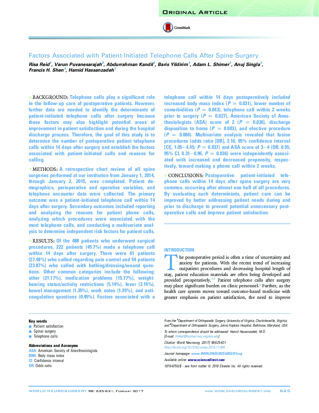 Factors Associated with Patient-Initiated Telephone Calls After Spine Surgery