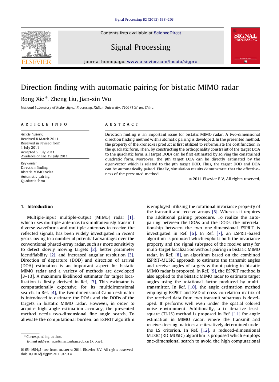 Direction finding with automatic pairing for bistatic MIMO radar