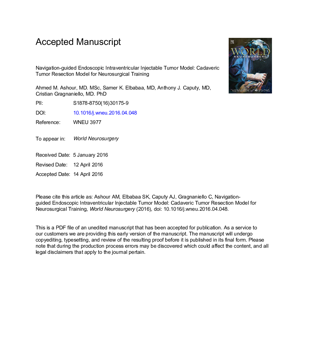 Navigation-Guided Endoscopic Intraventricular Injectable Tumor Model: Cadaveric Tumor Resection Model for Neurosurgical Training