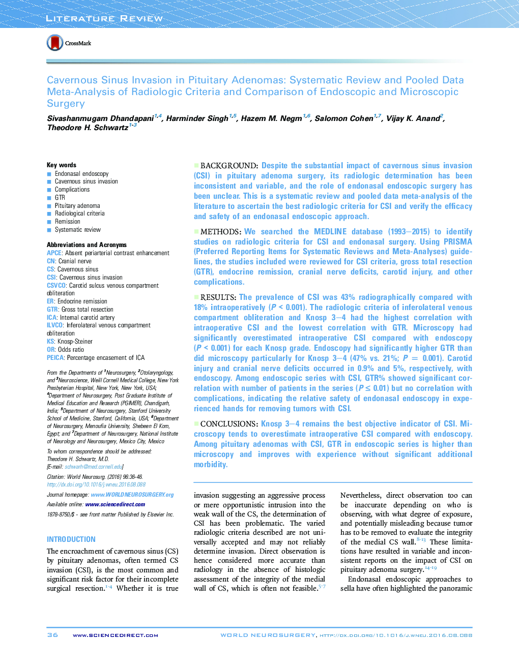 Cavernous Sinus Invasion in Pituitary Adenomas: Systematic Review and Pooled Data Meta-Analysis of Radiologic Criteria and Comparison of Endoscopic and Microscopic Surgery