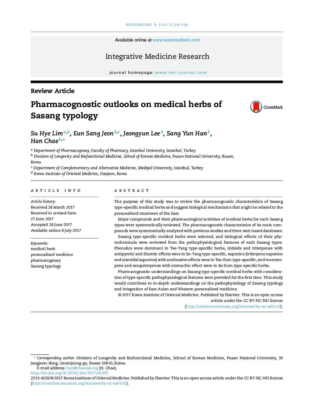 Pharmacognostic outlooks on medical herbs of Sasang typology