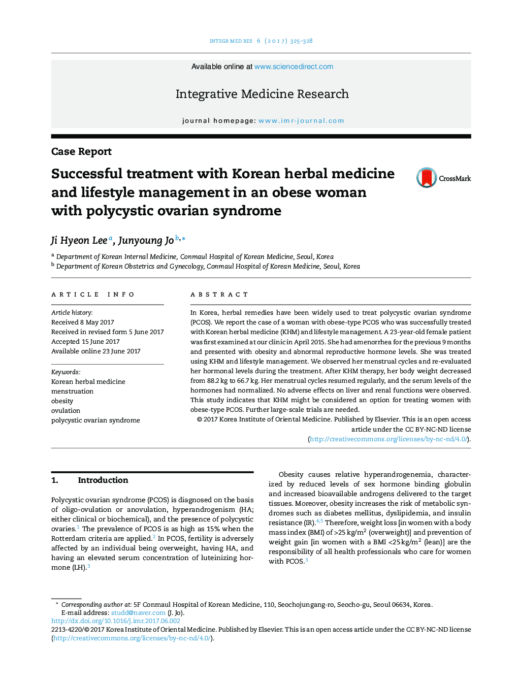 Successful treatment with Korean herbal medicine and lifestyle management in an obese woman with polycystic ovarian syndrome