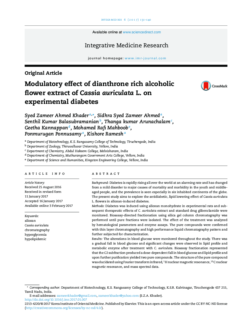 Modulatory effect of dianthrone rich alcoholic flower extract of Cassia auriculata L. on experimental diabetes