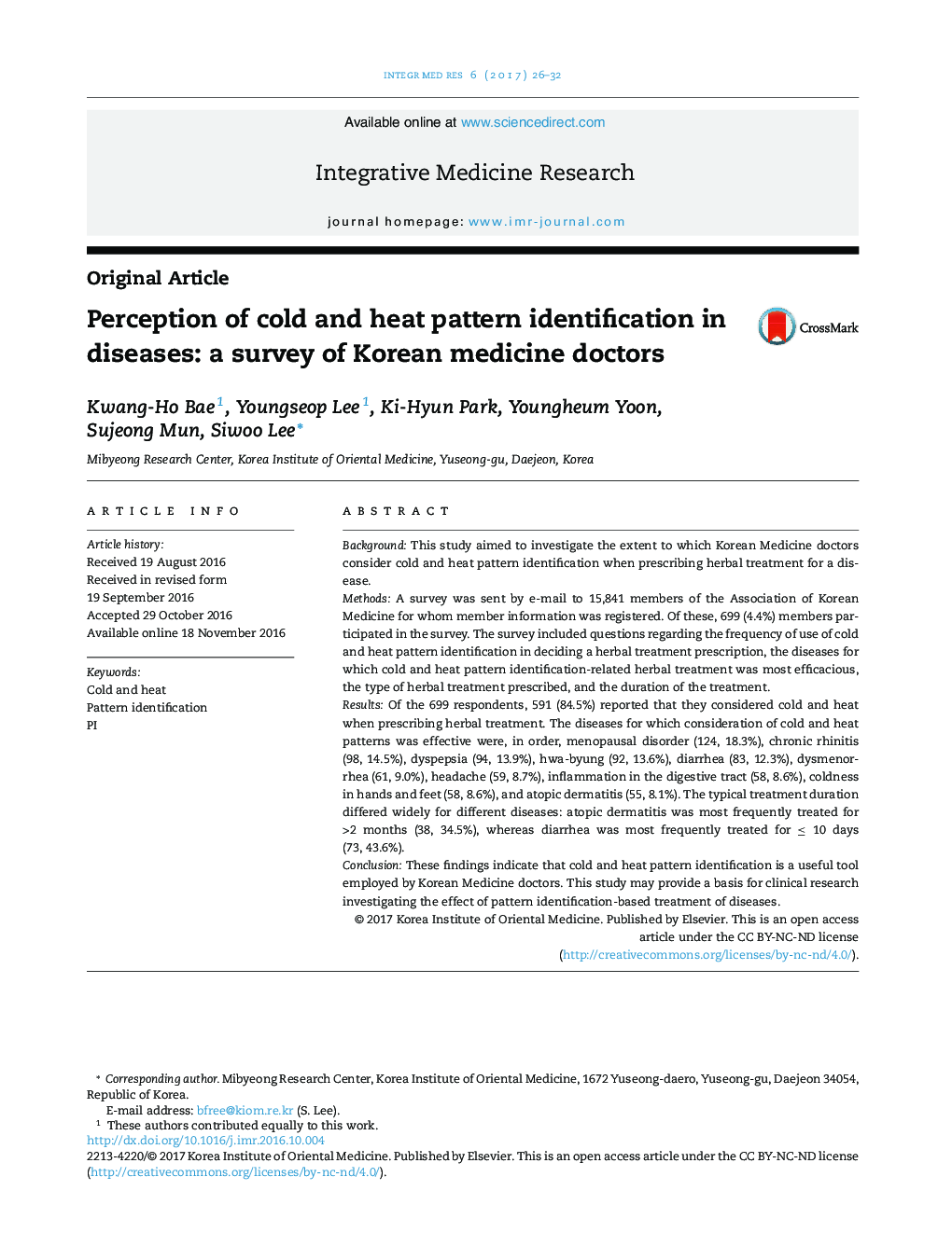 Perception of cold and heat pattern identification in diseases: a survey of Korean medicine doctors