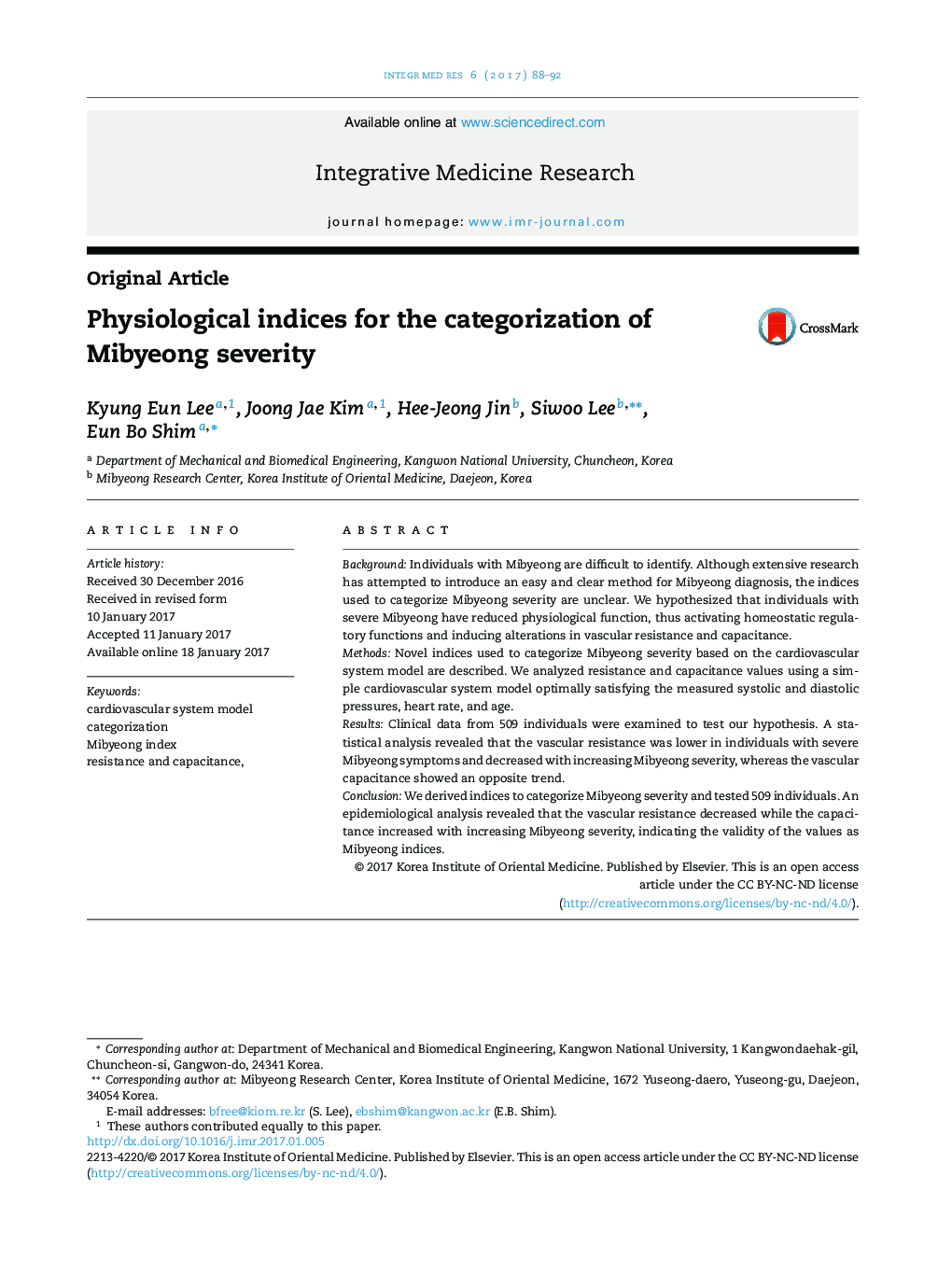 Physiological indices for the categorization of Mibyeong severity