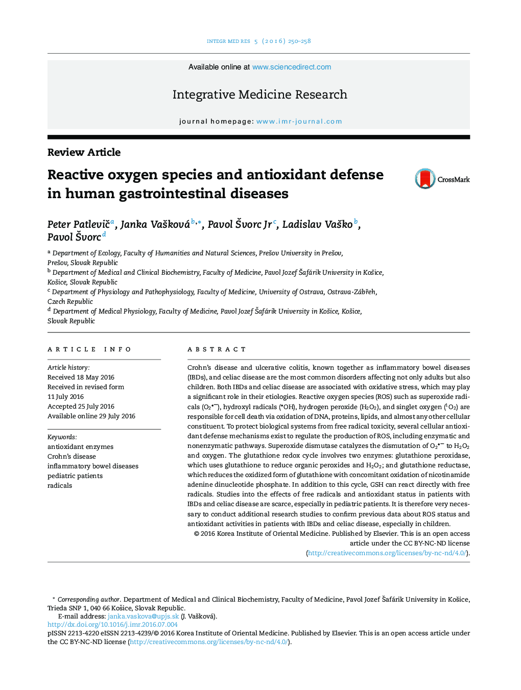 Reactive oxygen species and antioxidant defense in human gastrointestinal diseases