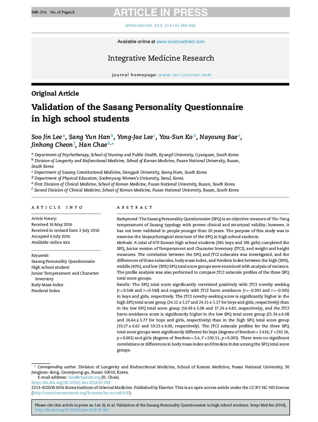 Validation of the Sasang Personality Questionnaire in high school students
