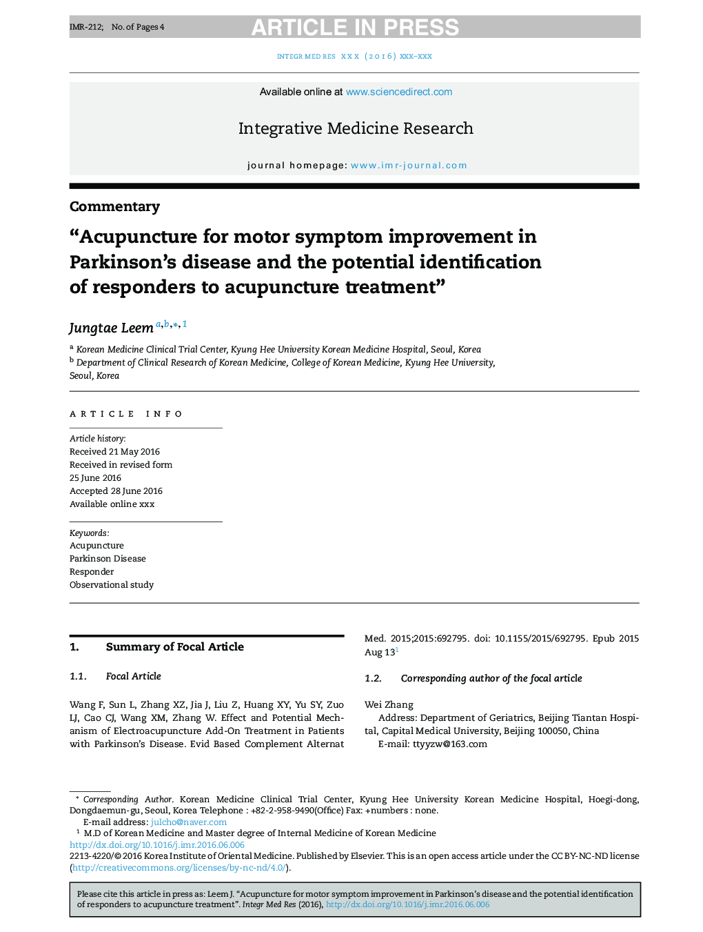 Acupuncture for motor symptom improvement in Parkinson's disease and the potential identification of responders to acupuncture treatment