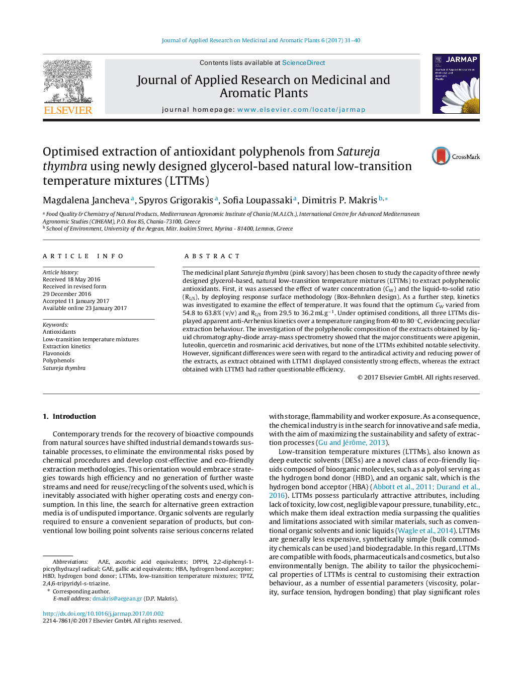 Optimised extraction of antioxidant polyphenols from Satureja thymbra using newly designed glycerol-based natural low-transition temperature mixtures (LTTMs)