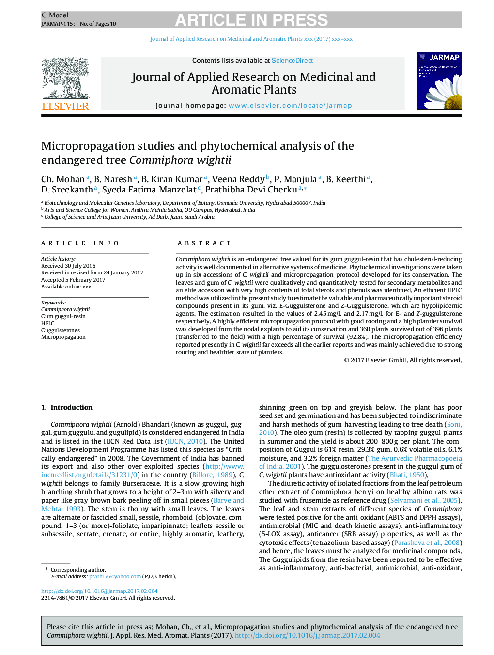 Micropropagation studies and phytochemical analysis of the endangered tree Commiphora wightii