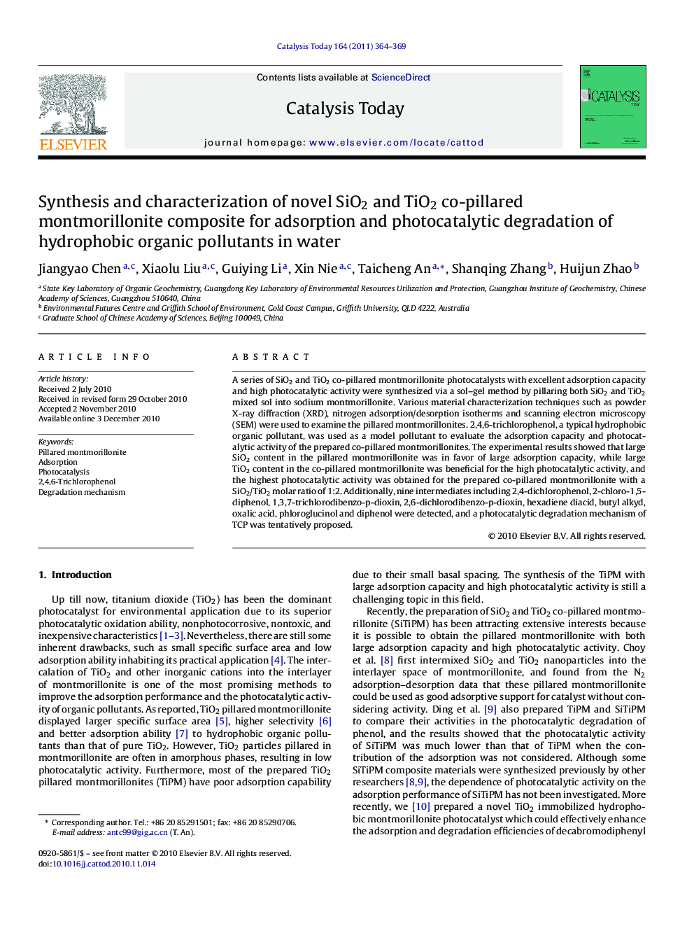 Synthesis and characterization of novel SiO2 and TiO2 co-pillared montmorillonite composite for adsorption and photocatalytic degradation of hydrophobic organic pollutants in water