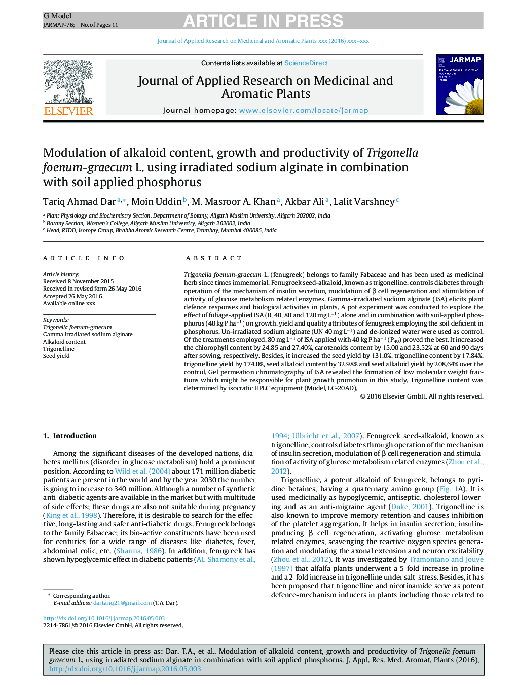 Modulation of alkaloid content, growth and productivity of Trigonella foenum-graecum L. using irradiated sodium alginate in combination with soil applied phosphorus