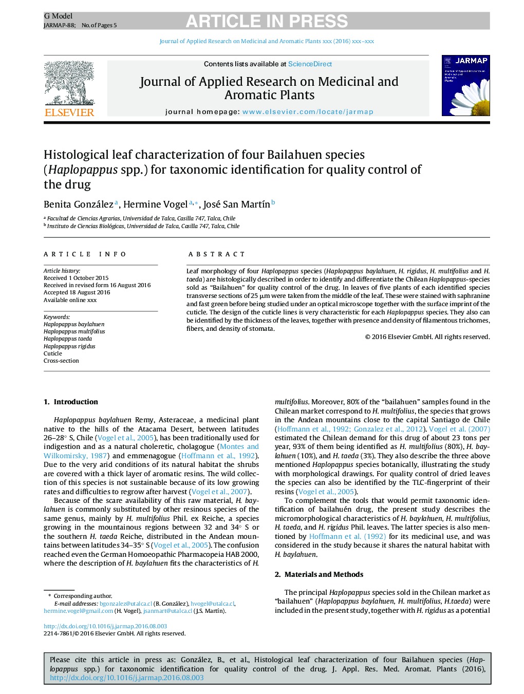 Histological leaf characterization of four Bailahuen species (Haplopappus spp.) for taxonomic identification for quality control of the drug